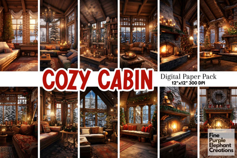 Winter Cabin Interior | Christmas Holiday Background Digital Pattern Fine Purple Elephant Creations 