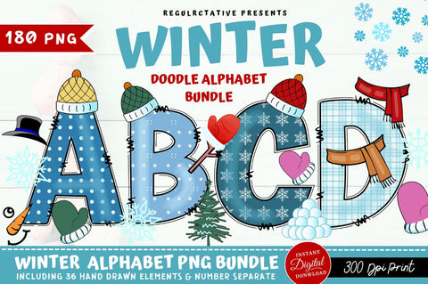 Winter Doodle Alphabet Bundle with Hand Drawn Clipart Font Regulrcrative 