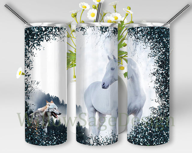 Winter Horses Tumbler Template, White Horse And Wolf 20oz Skinny Tumbler, Horse Sublimation Design, Horses Lover Gift, Winter Animals Png, Instant Download Sublimation WillowSageDesign 