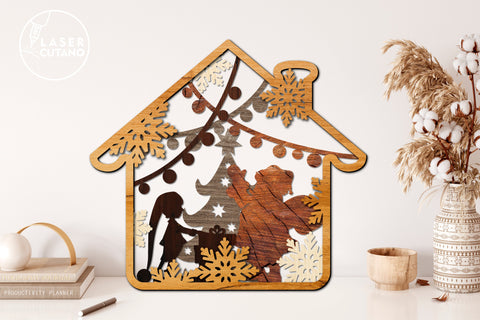 WINTER HOUSE Multilayer Laser Cut Files, X-mas Ornament, Mandala, Round Sign SVG, 3D Designs SVG LaserCutano 