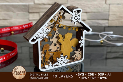 WINTER HOUSE Multilayer Laser Cut Files, X-mas Ornament, Mandala, Round Sign SVG, 3D Designs SVG LaserCutano 