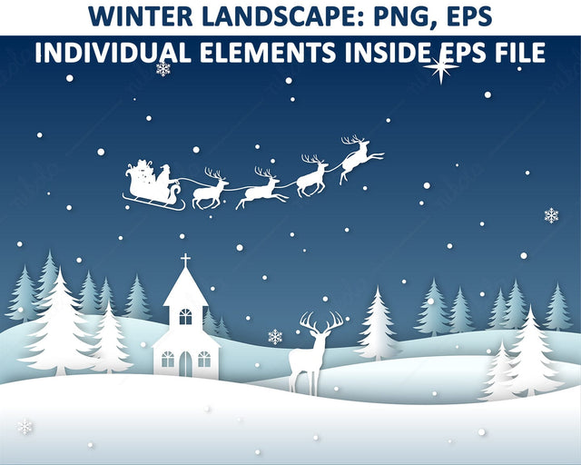 Winter Landscape Christmas Santa Sleigh Reindeer PNG EPS Sublimation nikola 