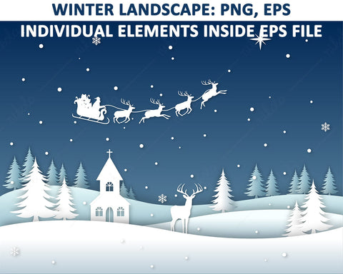 Winter Landscape Christmas Santa Sleigh Reindeer PNG EPS Sublimation nikola 