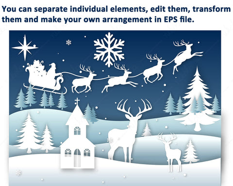 Winter Landscape Christmas Santa Sleigh Reindeer PNG EPS Sublimation nikola 