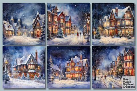Winter Nighttime Village | Christmas Holiday Background Digital Pattern Fine Purple Elephant Creations 