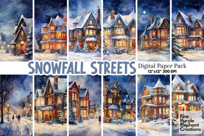 Winter Nighttime Village | Christmas Holiday Background Digital Pattern Fine Purple Elephant Creations 
