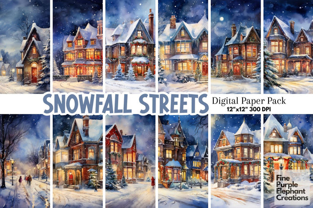Winter Nighttime Village | Christmas Holiday Background Digital Pattern Fine Purple Elephant Creations 