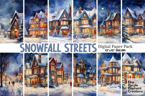 Winter Nighttime Village | Christmas Holiday Background Digital Pattern Fine Purple Elephant Creations 