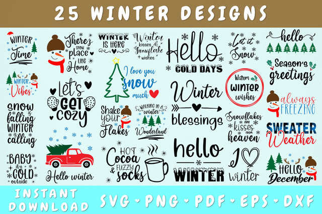 Winter Quotes SVG Bundle - 25 Designs, Winter Cut Files, Winter Sayings SVG, Winter PNG SVG HappyDesignStudio 