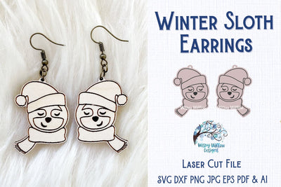 Winter Sloth Earring File for Glowforge or Laser Cutter SVG Wispy Willow Designs 