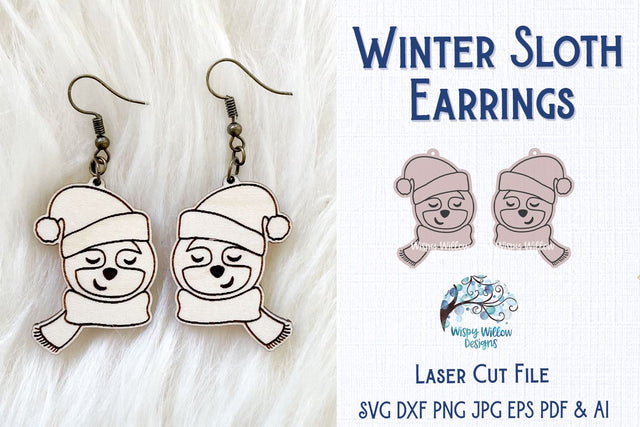 Winter Sloth Earring File for Glowforge or Laser Cutter SVG Wispy Willow Designs 