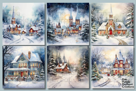Winter Snowy Village | Christmas Holiday Background Digital Pattern Fine Purple Elephant Creations 
