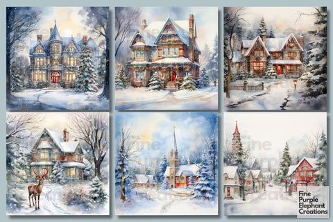Winter Snowy Village | Christmas Holiday Background Digital Pattern Fine Purple Elephant Creations 