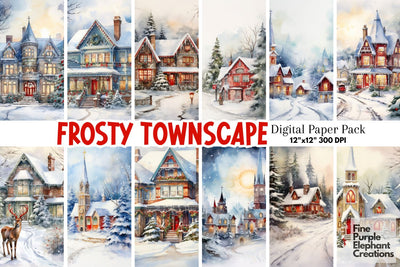 Winter Snowy Village | Christmas Holiday Background Digital Pattern Fine Purple Elephant Creations 