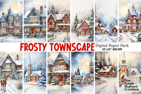 Winter Snowy Village | Christmas Holiday Background Digital Pattern Fine Purple Elephant Creations 