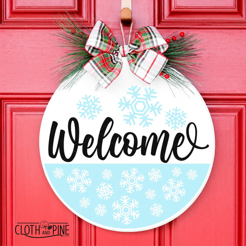 Winter Welcome Round Sign With Snowflakes SVG Cloth and Pine Designs 