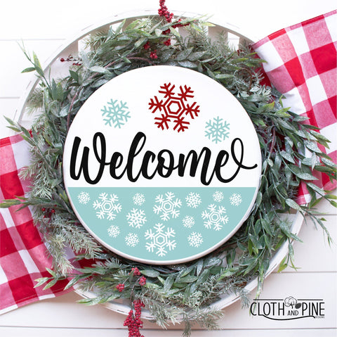 Winter Welcome Round Sign With Snowflakes SVG Cloth and Pine Designs 