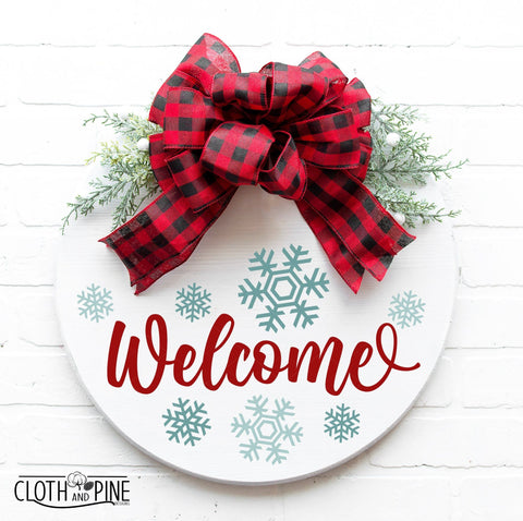 Winter Welcome Round Sign With Snowflakes SVG Cloth and Pine Designs 