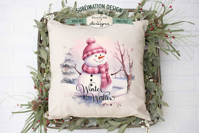 Winter Wishes Pink Snowman Sublimation Design Sublimation Ewe-N-Me Designs 