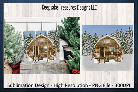 Winter Woodland Animals 20oz Straight Tumbler Wrap, Log Cabin Tumbler Wrap Design, Forest Animals, Sublimation PNG, Digital Download Sublimation Keepsake Treasures Designs LLC. 