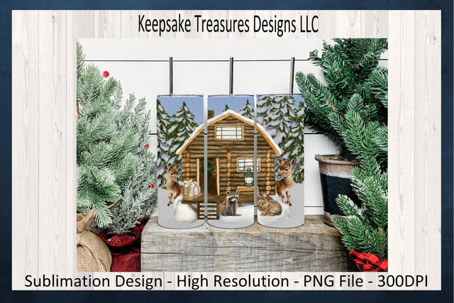 Winter Woodland Animals 20oz Straight Tumbler Wrap, Log Cabin Tumbler Wrap Design, Forest Animals, Sublimation PNG, Digital Download Sublimation Keepsake Treasures Designs LLC. 