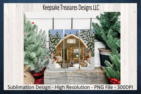 Winter Woodland Animals 20oz Straight Tumbler Wrap, Log Cabin Tumbler Wrap Design, Forest Animals, Sublimation PNG, Digital Download Sublimation Keepsake Treasures Designs LLC. 