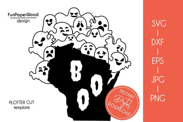 Wisconsin WI state map Cute Halloween Boo scary ghosts faces SVG DXF EPS PNG JPEG SVG FunPaperWood 