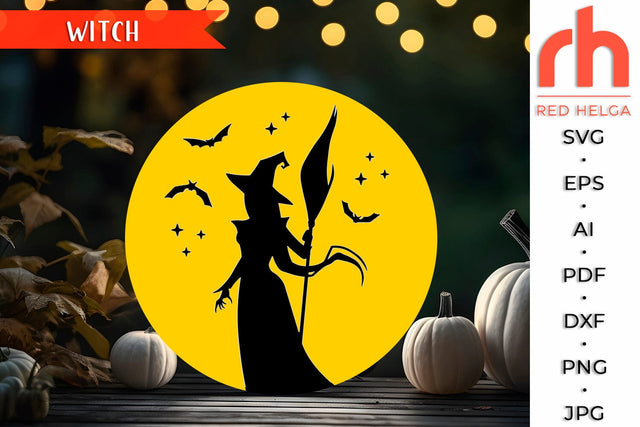 Witch and Moon SVG, Halloween Scene Cut File, Halloween Shirt Design, Round Halloween Sign Vector SVG RedHelgaArt 