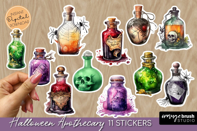 Witch Apothecary Stickers - Halloween Magic Potion Bottles Sublimation OrangeBrushStudio 