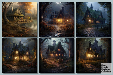 Witch Cottage | Halloween Haunted House Digital Pattern Fine Purple Elephant Creations 