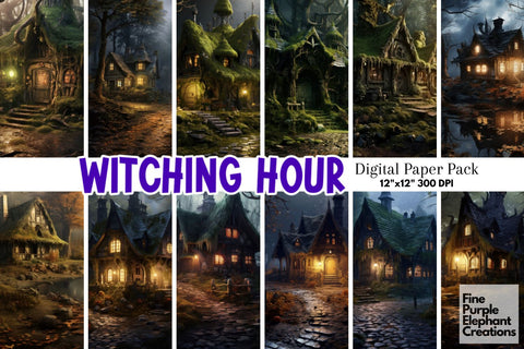 Witch Cottage | Halloween Haunted House Digital Pattern Fine Purple Elephant Creations 