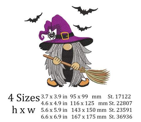 Witch gnome embroidery design , Halloween embroidery design, 4 sizes, instant download. Embroidery/Applique DESIGNS ArtEMByNatalia 
