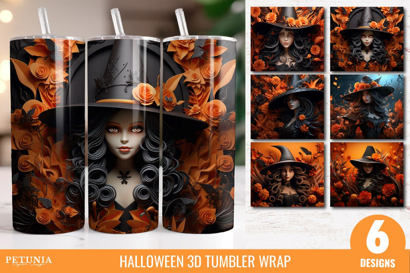 Witch Halloween 3D Tumbler Wrap, 3D Tumbler Sublimation Design Sublimation Petunia Digital Design 