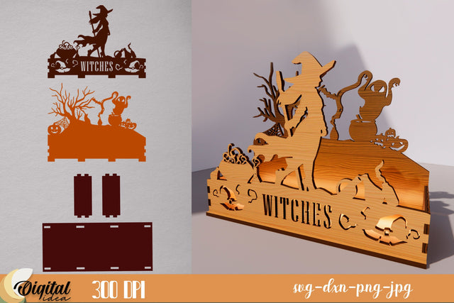 Witch | Halloween Candle Box 3D Design | 3D Halloween Silhouette Laser Cut | Spooky Scene SVG Evgenyia Guschina 