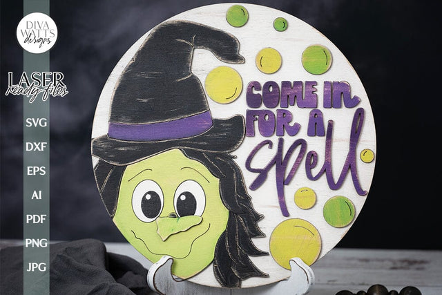 Witch Laser SVG Come In For A Spell Laser Sign SVG For Halloween Door Hanger Witch SVG For Front Door Sign Welcome Halloween Door Hanger SVG Diva Watts Designs 