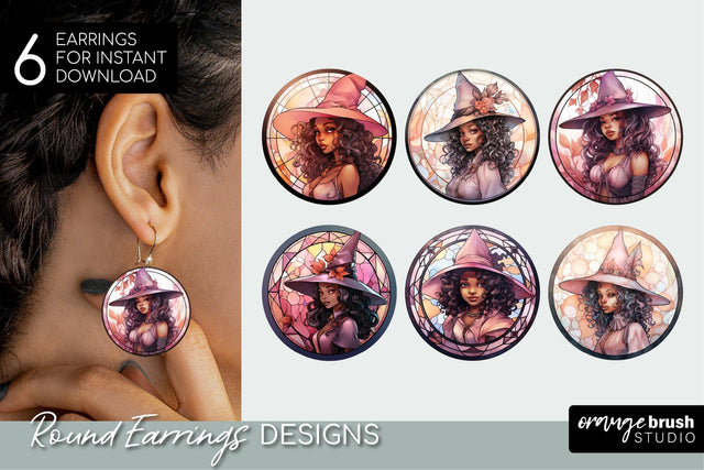 Witch Stained Glass Halloween Round Earrings Bundle Sublimation OrangeBrushStudio 