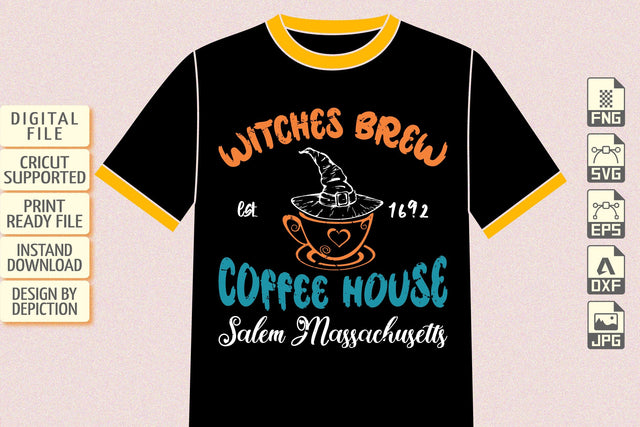Witches Brew Est 1692 Coffee House Salem Massachusetts T-Shirt, Halloween Coffee Shirt Print Template Sketch DESIGN Depiction Studio 