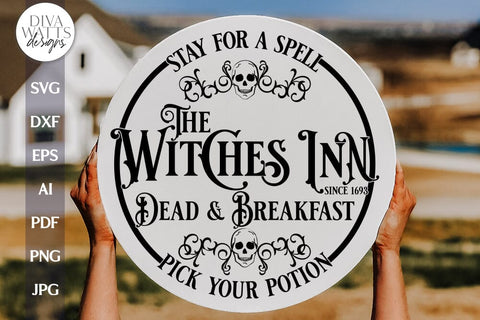Witches Inn SVG For Halloween Door Hanger SVG Witch Sign Front Door Sign Halloween Witches Inn SVG Skull Door Hanger Sign For Halloween SVG Diva Watts Designs 