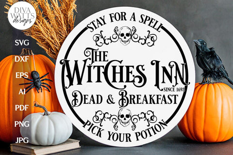 Witches Inn SVG For Halloween Door Hanger SVG Witch Sign Front Door Sign Halloween Witches Inn SVG Skull Door Hanger Sign For Halloween SVG Diva Watts Designs 