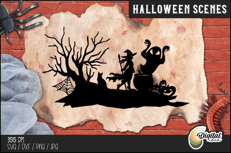 Witch&Ghosts | Halloween Silhouette Design | Spooky Halloween Scene SVG | Paper Cut SVG Evgenyia Guschina 