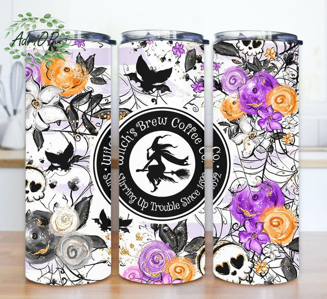 Witch's Brew Coffee Co Design Tumbler, Halloween Coffee 20oz Skinny Png, Flower Glitter Tumbler Wrap, Wiches Design Png, Instant Download Sublimation AdriOP 