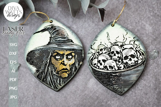 Witch's Brew Earrings SVG For Laser Earrings With Witch for Halloween Earrings For Glowforge Cauldron Earrings SVG Halloween Witch Earrings SVG Diva Watts Designs 