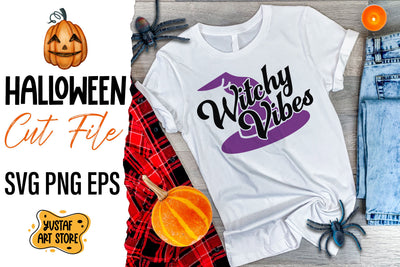 Witchy Vibes-Halloween vintage text and witch hat SVG design SVG Yustaf Art Store 