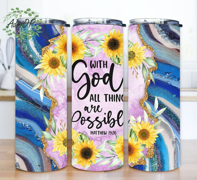 With God All Things Are Possible 20oz Skinny Tumbler Png, Bible Verse Religious Tumbler, God Christian Tumbler Png, Sunflower Design, Faith Png Sublimation AdriOP 