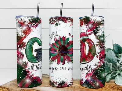 With God All Things Are Possible Design Png, Christmas God Sunflower 20oz Skinny Tumbler, Christmas Plaid Tumbler Wrap, Christmas Christian Quote Tumbler Template, Digital Download Sublimation iStyleDesign 