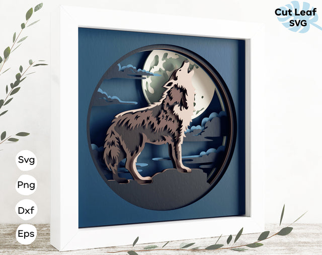 Wolf 3d svg, Shadow box svg, laser cut files, cnc files for wood, papercraft, Glowforge, nature svg, 3d svg, hunting svg, moon svg, Wolf 3D Paper CutLeafSvg 