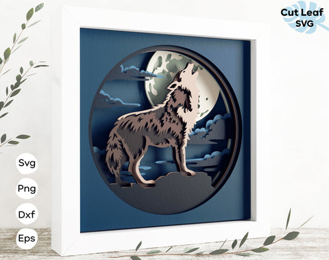 Wolf 3d svg, Shadow box svg, laser cut files, cnc files for wood, papercraft, Glowforge, nature svg, 3d svg, hunting svg, moon svg, Wolf 3D Paper CutLeafSvg 