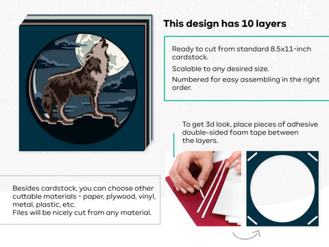 Wolf 3d svg, Shadow box svg, laser cut files, cnc files for wood, papercraft, Glowforge, nature svg, 3d svg, hunting svg, moon svg, Wolf 3D Paper CutLeafSvg 