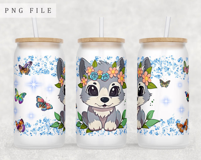 Wolf Cub Libbey Glass Can Wrap, 16oz Glass Can Sublimation Design, Little Wolf Glass Can PNG File Sublimation HappyDesignStudio 