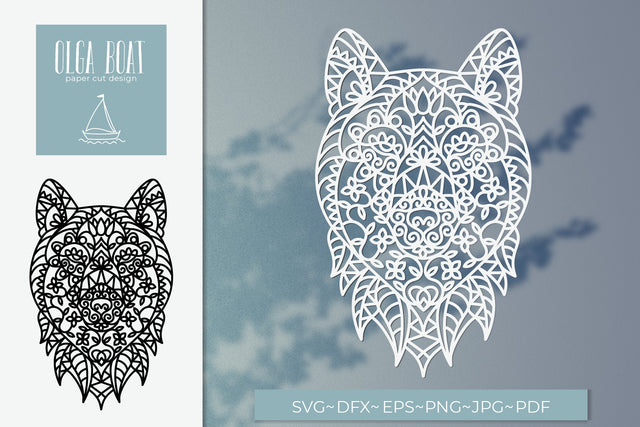 Wolf face svg | Wolf flowers Boho Animal head papercut SVG Olga Boat Design 